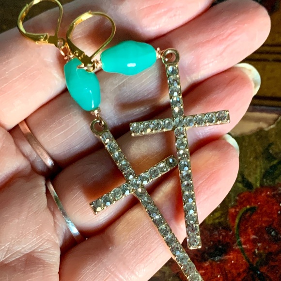 Handmade Crystal & Vint. Aqua Glass Bead Earrings - Picture 8 of 11